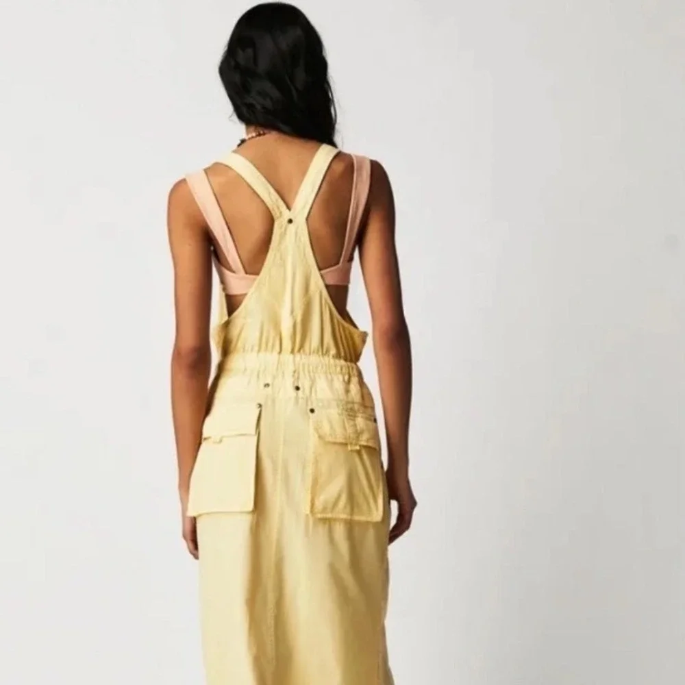 Free People Gracie Skirtall Yellow Maxi Overall Dress Size L OB1671460